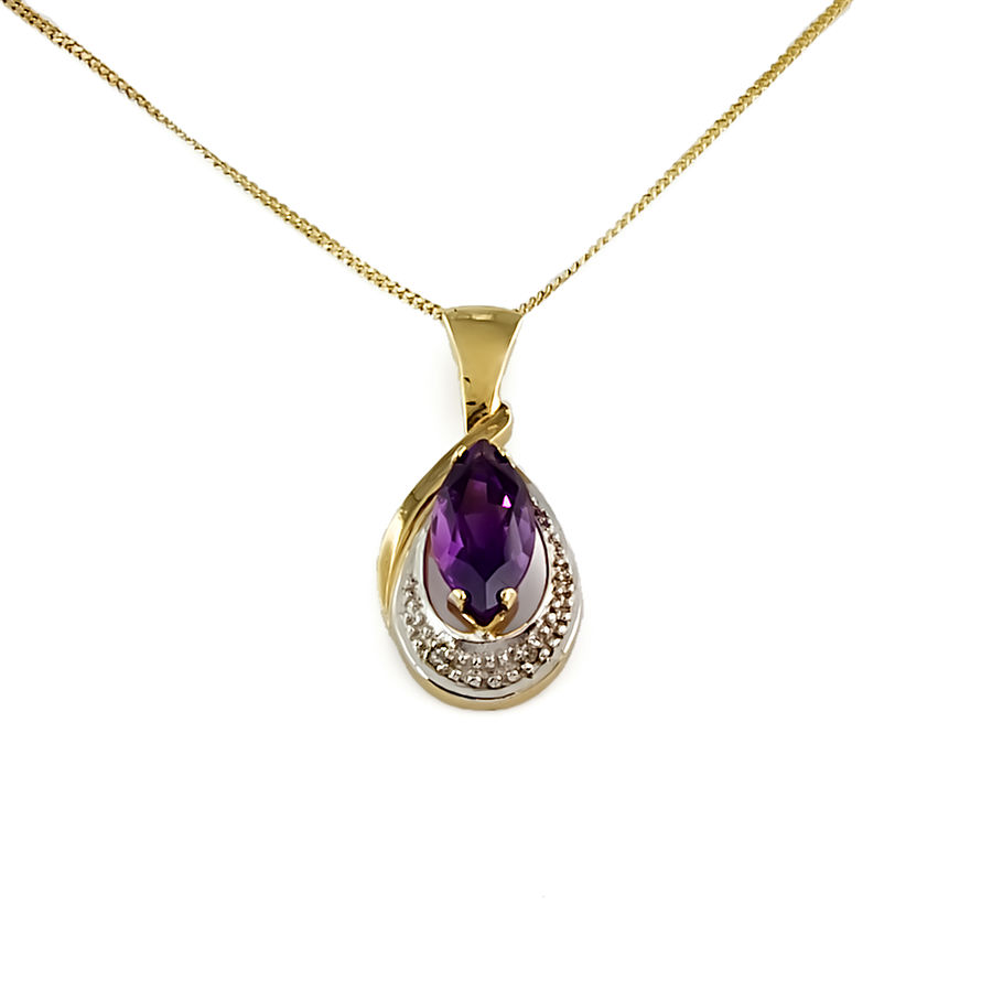 9ct gold Amethyst/Diamond Pendant with 18 inch chain